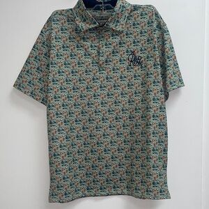 Old Row brand "Cart Bev" performance polo pattern golf carts, cups, and flags. 🫏